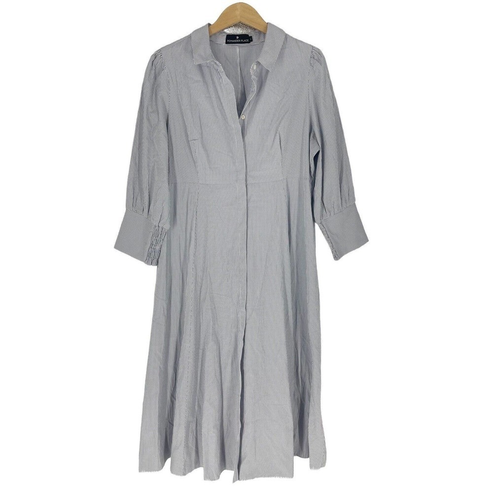 POMANDER Place Tuckerneck Blue White Stripe Preppy Midi Dress Collared Womens L